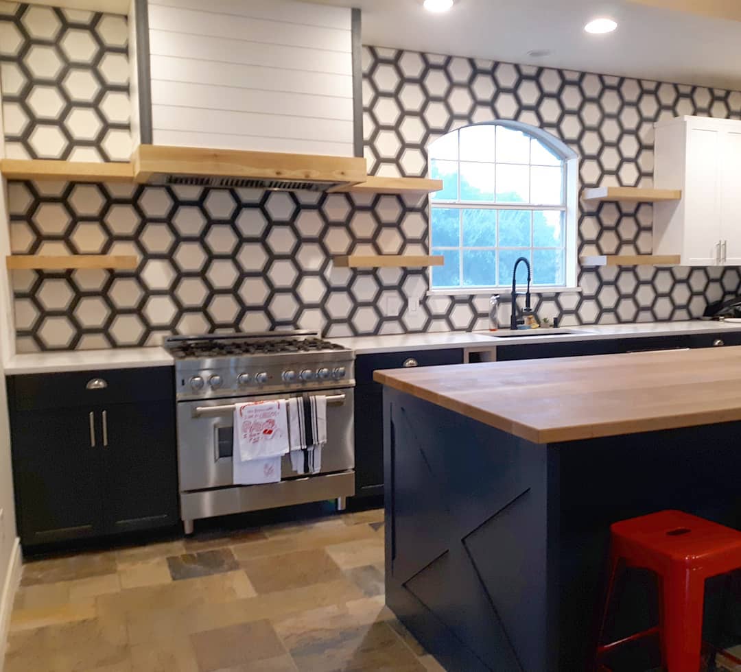 Navy Kitchen with Hexagonal Drama - European frameless cabinets in Austin, TX
